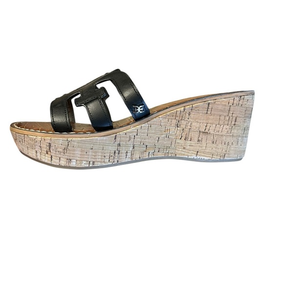 NWOB Sam Edelman Black Ronie Leather Logo Wedge Sandals - Picture 8 of 9
